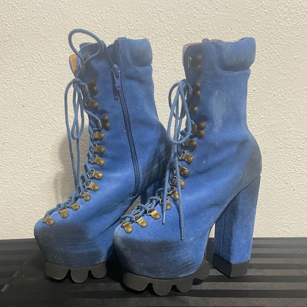 Jeffrey Campbell Distressed Blue Suede Platform Boots Size 7.